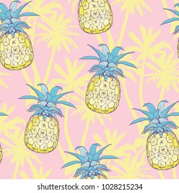 Pineapples background. seamless pattern with tropical fruit. Sketch illustration.