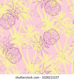 Pineapples background. seamless pattern with tropical fruit. Sketch illustration.