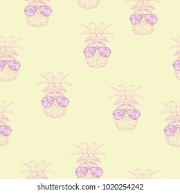 Pineapples background. Vector seamless pattern with tropical fruit. Sketch illustration.