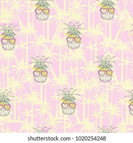 Pineapples background. Vector seamless pattern with tropical fruit. Sketch illustration.