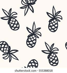 Pineapples background. Vector seamless pattern with tropical fruit. Black and white. Sketch illustration.