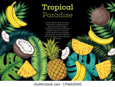 Pineapples, banana, coconut and tropical leaves design template. Hand drawn vector tropical fruit illustration. Color style fruit banner. Cartoon botanical frame.