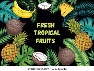 Pineapples, banana, coconut and tropical leaves design template. Hand drawn vector tropical fruit illustration. Color style fruit banner. Cartoon botanical frame.