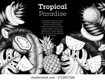 Pineapples, banana, coconut and tropical leaves design template. Hand drawn vector tropical fruit illustration. Engraved style fruit banner. Vintage botanical frame.
