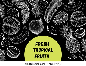 Pineapples, banana, coconut and tropical leaves design template. Hand drawn vector tropical fruit illustration. Engraved style fruit banner. Vintage botanical frame.
