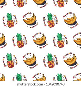 Pineapples and bananas. Seamless pattern on a white background. Cute vector illustration.