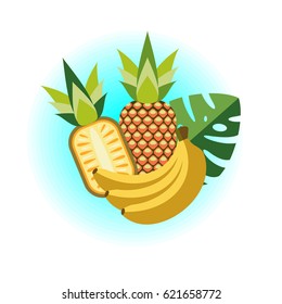 Pineapples and bananas. Vector illustration. Tropical juicy fruit.
