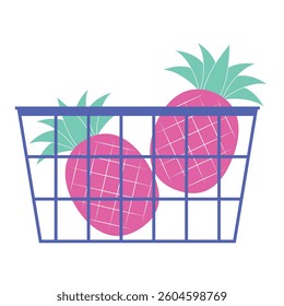 Pineapples in a basket. Pink pineapples in a purple basket. Vector illustration in a flat style.
