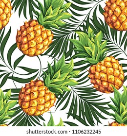 Piñas, ramas y hojas de palmeras. Patrón floral tropical vectorial.
