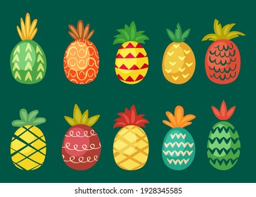 Piñas con adornos brillantes. Frutos tropicales rojos ondulados con forma geométrica de imprenta de púas tracería festiva tracería de moda hawaiana adorno decoración textura verde. Vitamina vectorial.