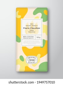 Pineapples Chocolate Label. Abstract Shapes Vector Packaging Design Layout with Realistic Shadows. Modern Typography, Hand Drawn Fruit Silhouette and Colorful Camouflage Pattern Background. Isolated.