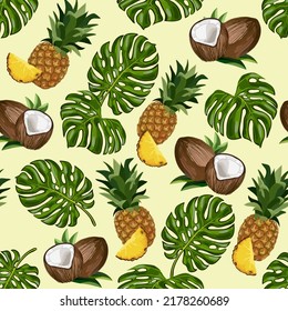 Pineapples and coconuts in a pattern.Seamless vector pattern with pineapples, coconuts and palm leaves on a colored background.