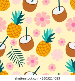  Pineapples and Coconuts with Tropical Flowers. Seamless pattern background ideal for wrapping paper, fabric, textile etc.