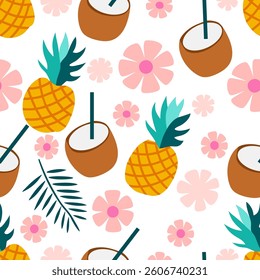  Pineapples and Coconuts with Tropical Flowers. Seamless pattern background ideal for wrapping paper, fabric, textile etc.