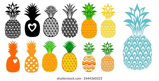 pineapples collection isolated on White background.  A set of pineapples. Tropical fruits collection. Black and white  Hand drawn. Isolated over white background. Vector 