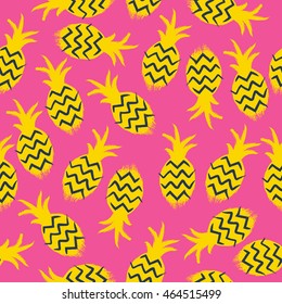 Pineapples colorful seamless pattern. Tropic fruits background. Paint hand drawn style.