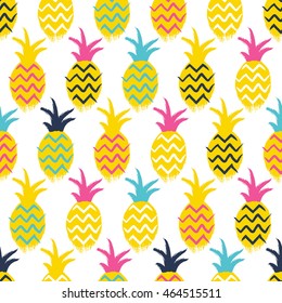 Pineapples colorful seamless pattern. Tropic fruits background. Paint hand drawn style.