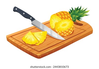 Pineapples cut slices with knife on wooden cutting board. Vector illustration isolated on white background