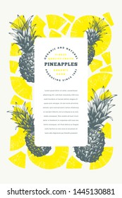 Pineapples design template. Hand drawn vector tropical fruit illustration. Engraved style ananas fruit banner. Retro botanical frame.