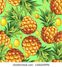 Pineapples with drops of fresh fruit juice on a green background. Vector tropical floral pattern. Hand drawing.