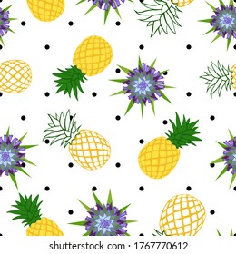 Pineapples filled and borders, and purple pineapple flowers with black polka dots background seamless pattern