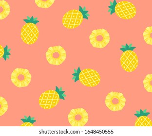 Pineapples fruits set Vector Repeat seamless shape pattern on peach tropical color backgorund. Great for fabric, packaging, wallpaper, invitations. Summer colorful tropical textile print.
