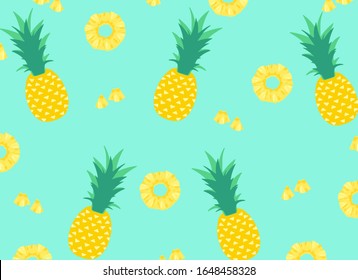 Pineapples fruits set Vector Repeat seamless shape pattern on aqua menthe color backgorund. Great for fabric, packaging, wallpaper, invitations. Summer colorful tropical textile print.