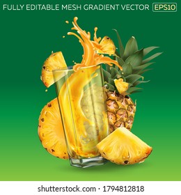 Pineapples and a glass of juice on a green background.