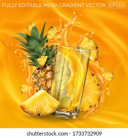 Pineapples and a glass of splashing juice on an orange background.