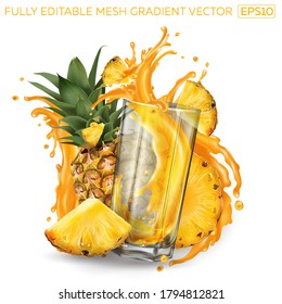 Pineapples and a glass of splashing juice on a white background.