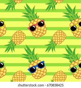 Pineapples glasses on light green background with stripes. Set of pineapples. Exotic fruit. Vector illustration.