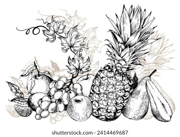 Pineapples, grapes and sweet fruits arrangement. Black and white hand drawn vector illustration.