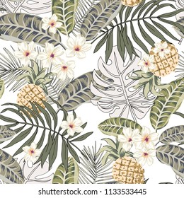 Pineapples and graphic palm leaves, plumeria flowers, white background. Vector floral seamless pattern. Tropical illustration. Exotic plants and fruits. Summer beach design. Paradise nature