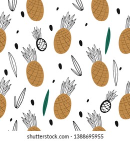 Pineapples hand drawn seamless pattern illustration. Healthy living.Kitchen textile, background vector fill.