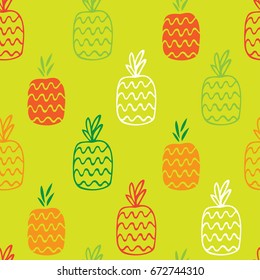 The pineapples are hand-drawn on a green background create a continuous pattern. Can be used for textile printing, packaging, Wallpaper.