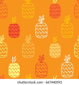The pineapples are hand-drawn on a orange background create a continuous pattern. Can be used for textile printing, packaging, Wallpaper.
