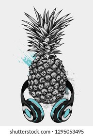 Pineapples in headphones. Vector illustration for postcard or poster, print for clothes. Exotic fruit.