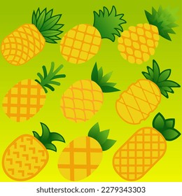 Pineapples icon set. Vector illustration of pineapple for fruit and food design. Graphic resources of fruits for vegetarian, healthy, diet, nutrition and tropical. Ananas comosus  fruit illustration