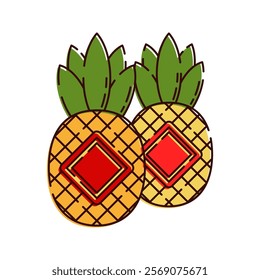 Pineapples Illustration, Two pineapples with red diamond patterns, symbolizing wealth and good fortune.