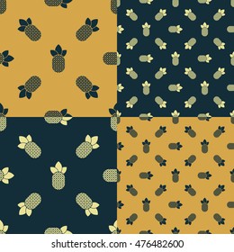 Pineapples isolated on blue and gold background. Vector set. Collection seamless patterns
