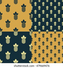 Pineapples isolated on blue and gold background. Vector set. Collection seamless patterns