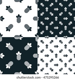 Pineapples isolated on blue and white background. Vector set. Collection seamless patterns