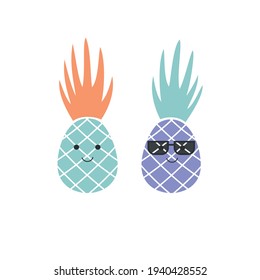 Pineapples isolated on white design elements. Vector illustration.