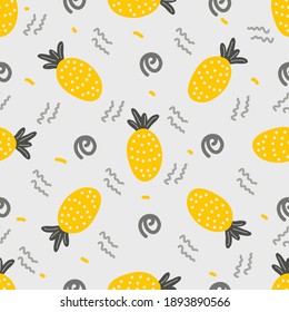 Ananas sind große abstrakte gelbe Ananas auf grauem hellem Hintergrund. Vektormuster für Textilien, Gewebe, Hintergrund, Verpackungspapier, Gewebe, Tapeten.