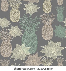 Pineapples and leaves on beige. Seamless background with exotic tropical fruits. Hand-drawn in ink. Vector backdrop. Paradise in nature. 