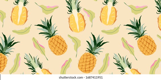 Pineapples and leaves on yellow seamless pattern. Modern tropical exotic fruit design for wrapping paper, textile, banner, web, app. Bright juicy yellow pineapple fruits and soft green leaves.