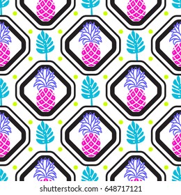 Pineapples and leaves in rhombuses geometric tile pattern.