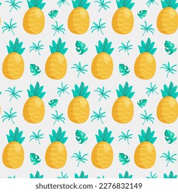 Pineapples and leaves. Vector seamless pattern with tropical fruit.