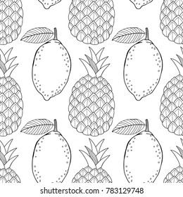 Pineapples and lemons. Seamless pattern with hand drawn fruits. Black and white illustration for coloring pages, books.
