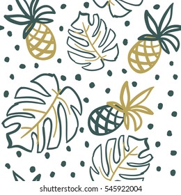 Pineapples and monstera palm leaves on the white background with dots. Vector seamless pattern with tropical plant and fruit. Jungle illustration. Black and gold.
